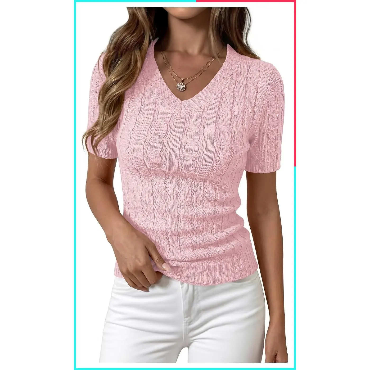 Women's Summer Short Sleeve Cable Knit V Neck Sweater Fitted Work Top Business Casual Outfit