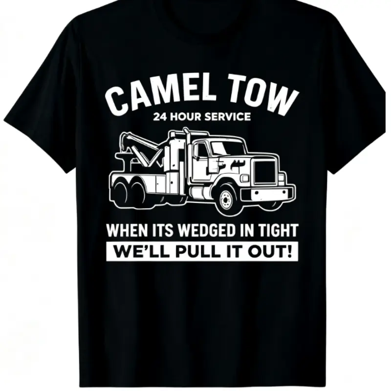 Camel Towing Print Stretch Crew Neck Black Summer T-Shirt for Men Cotton Menswear