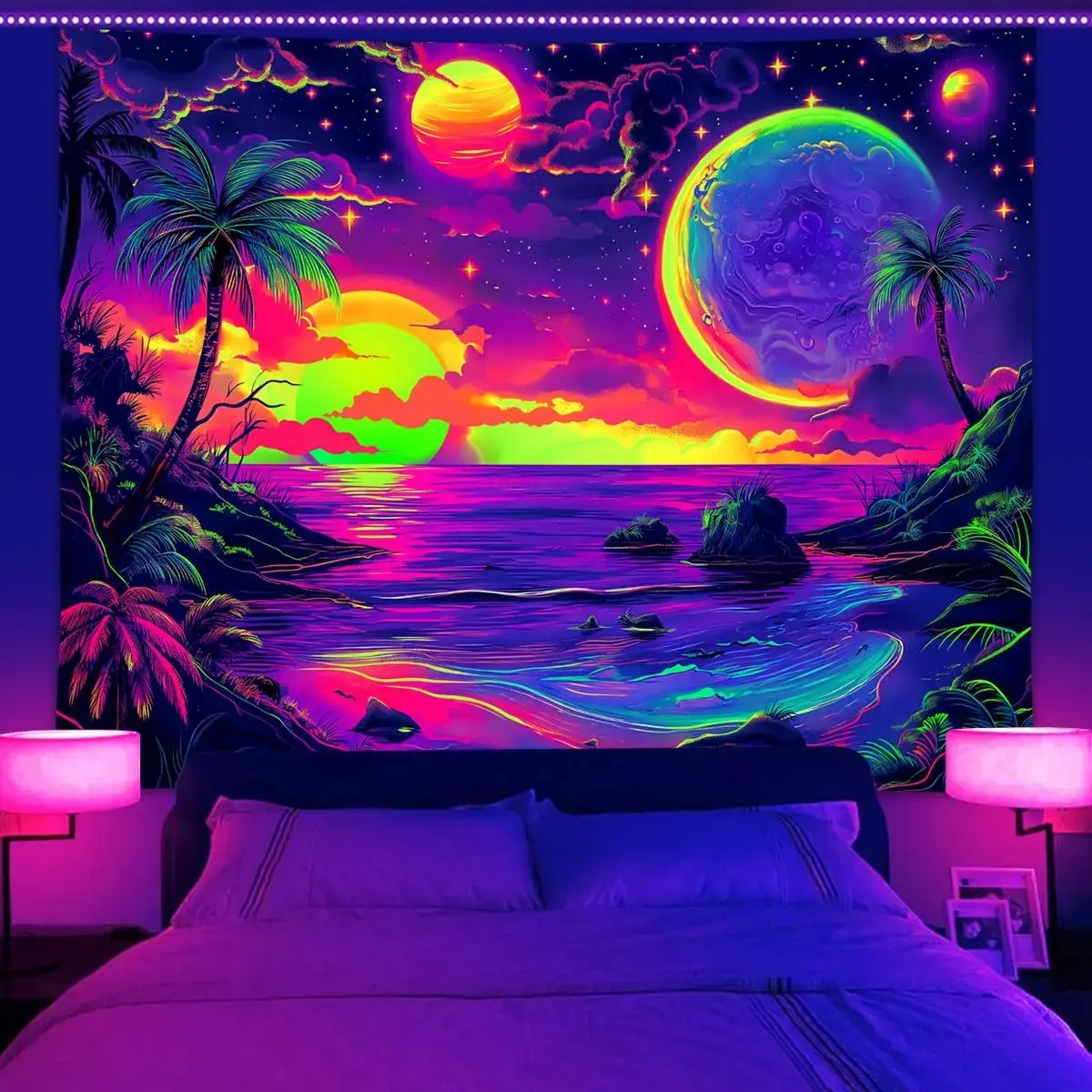 Galaxy Pattern Tapestry, UV Reactive Beach Coconut Tree Sky Sunset Fluorescent Tapestry, Aesthetic Art Decoration Hanging Wall for Room Living Room Dormitory Ding Room, Tapestry Wall Mural