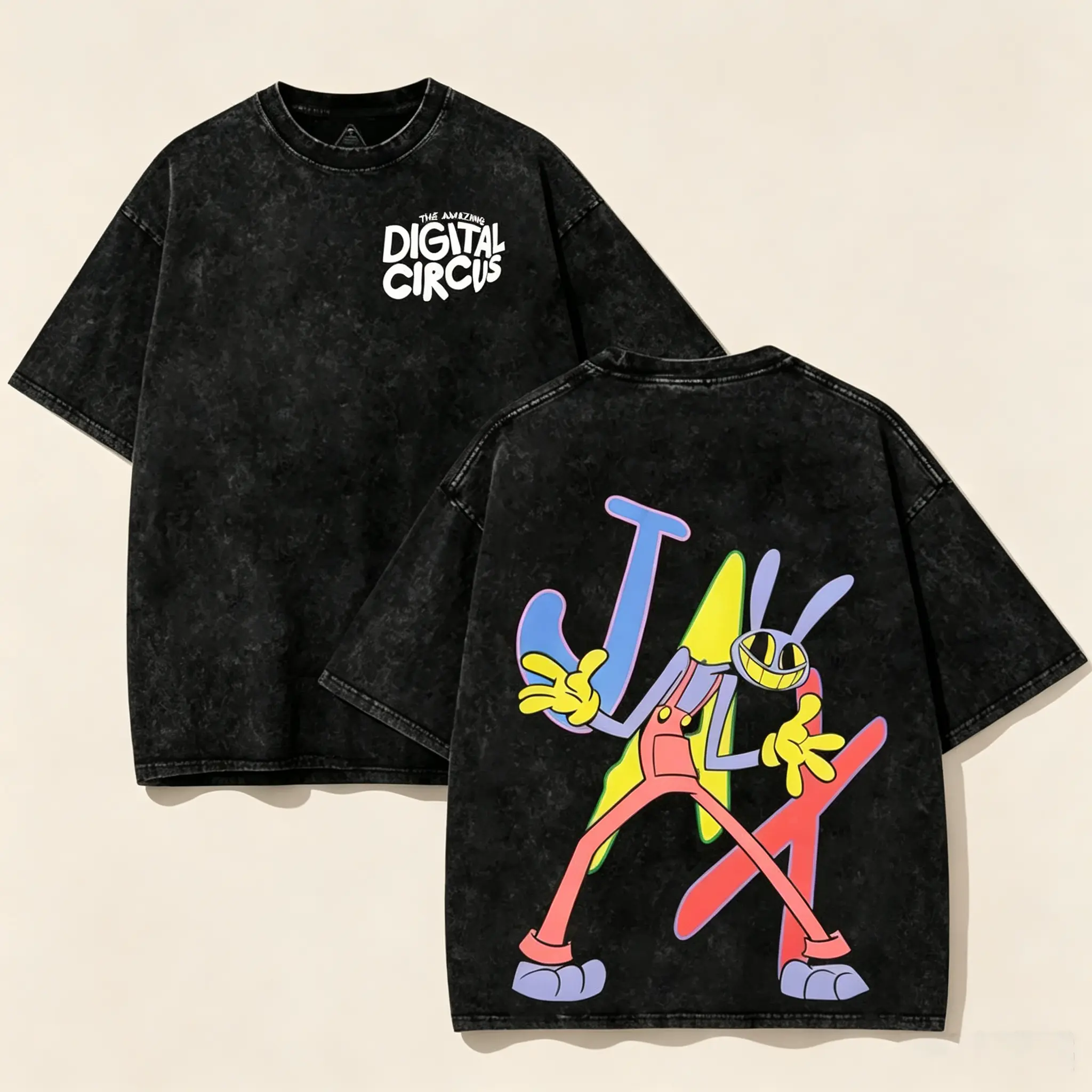 Distressed Black The Amazing Digital Circus Jax Character Print T Shirt, Oversized Unisex Washed Tee, Pop Culture Apparel for Men & Women Animated Series Lovers