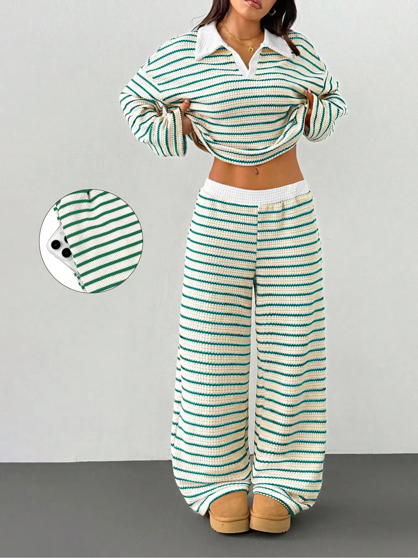 Retro Striped Waffle-Knit Two-Piece Set, Long-Sleeved Loose-Fit Polo Top, Wide-Leg Trousers with Elastic Waistband, Versatile for Lounging or Outings