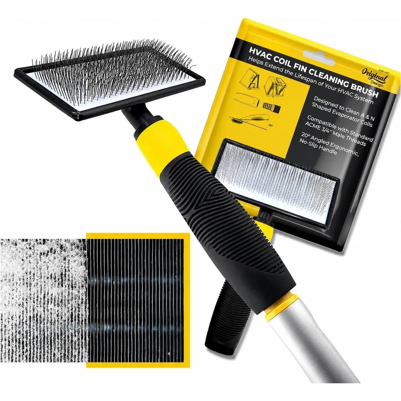 Professional HVAC Coil Cleaner Brush with Synthetic Handle for AC Evaporator & Condenser Coil Cleaning, Fin-Safe Design, Extendable for Deep Cleaning, Brush + Handle