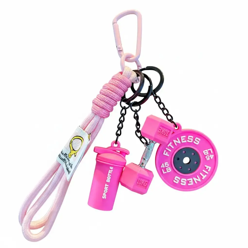 Fitness Gym Keychain Set - Silicone Dumbbell, Kettlebell, Weight Plate Charms, Cute Key Holders for Men, Gym Bag Backpack Add-ons, Cute Keychain Accessory, Motivation, Sports, Lightweight, Unisex, Compact And Stylish, Mini, Multipack, Pink Rope Keychain