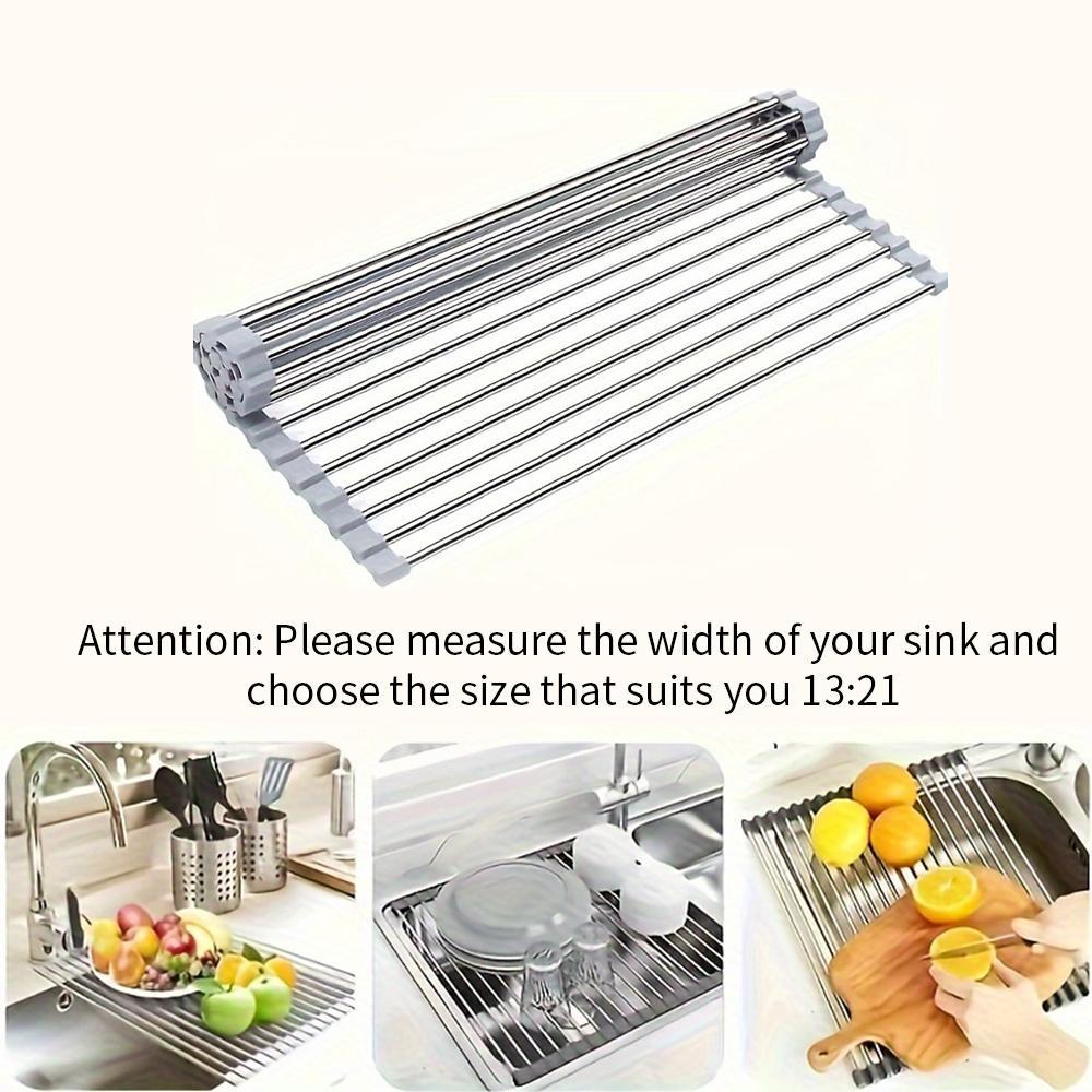 Stainless Steel Silicone Roll Up Over The Sink Dish Drying Rack, 1 Count Multifunctional & Portable Kitchen Drainer Rack, Dish Drying Organiser, Kitchen Accessories