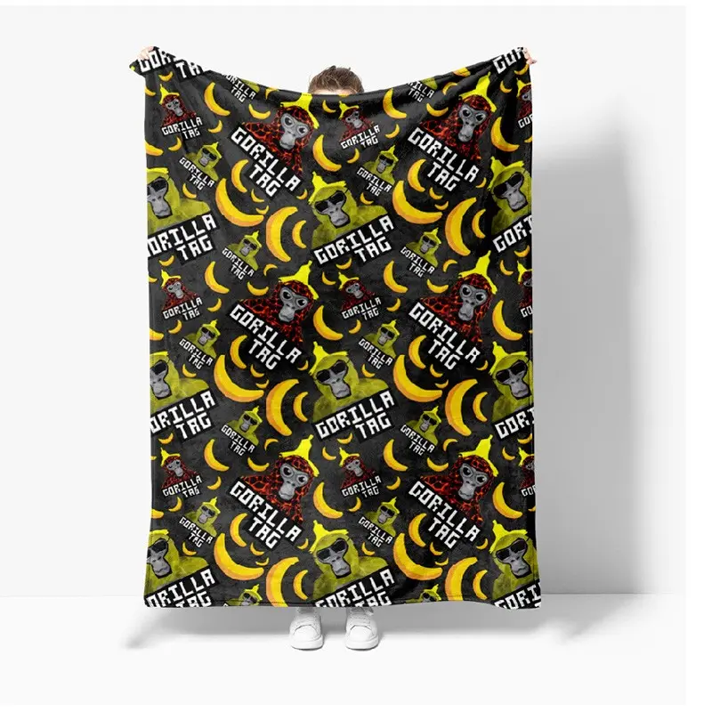 Gorilla Tag Birthday Party Gorillas Flannel Throw Blanket, Colorful Party Hat Monkey Print Soft Warm Blanket, Game Fan Decor Blanket for Bedroom Sofa
