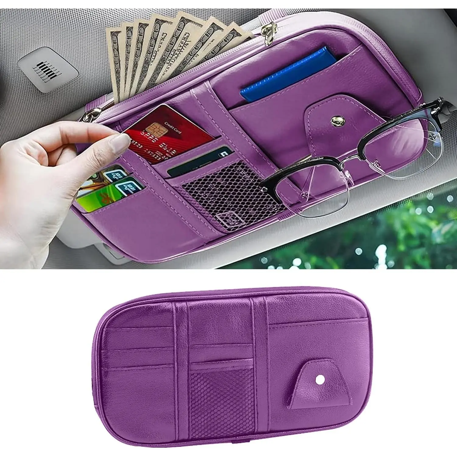 Synthetic PU Leather Car Sun Visor Organizer - Auto Stowing Accessory with Visor-Mount Elastic Straps, Sunglass Holder, Multi-Pocket Zippered Net Bag, Card Slots, Pen & Key Holders for Cars, SUV/Van