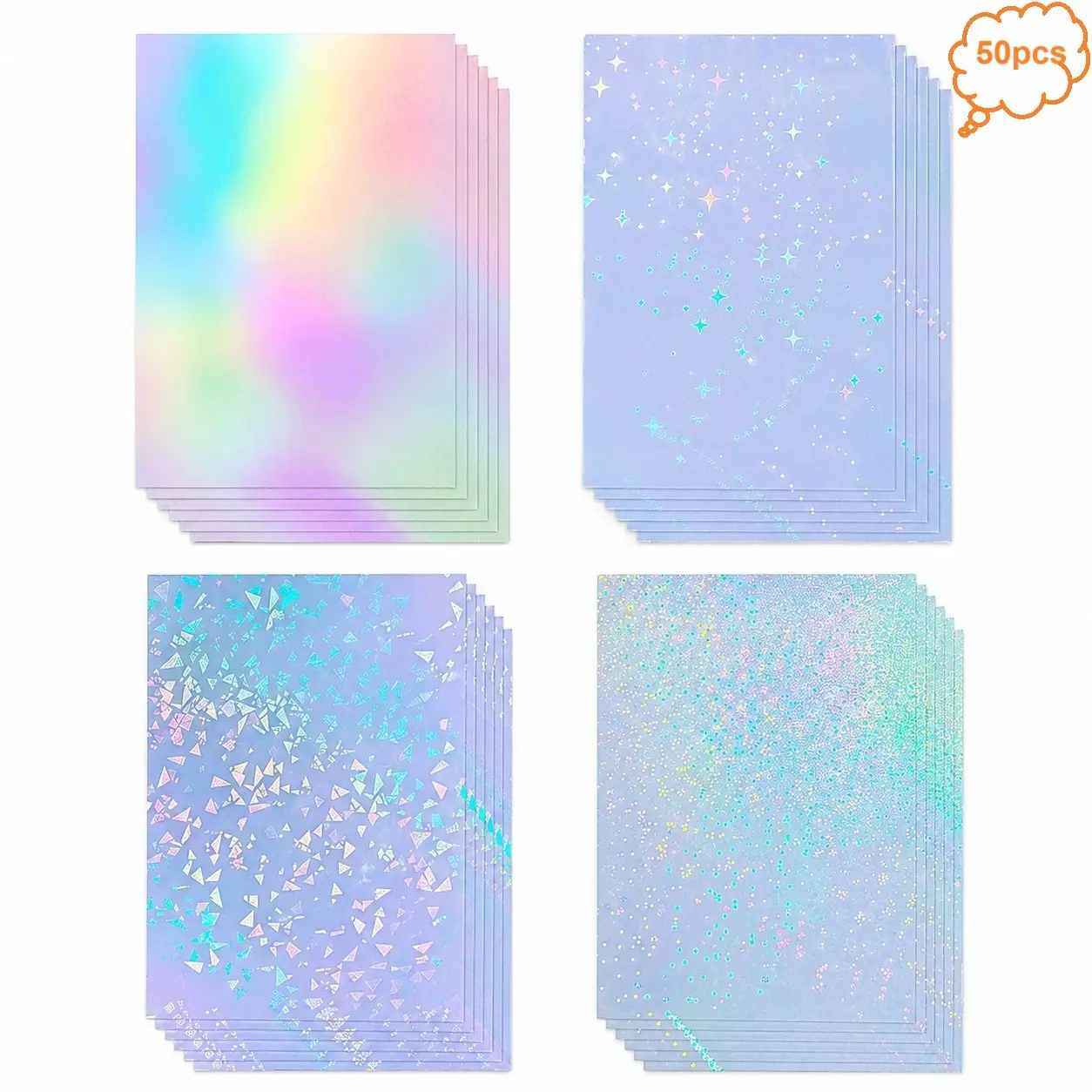 50pcs Holographic Vinyl Sticker Paper A4, 4 Styles, Waterproof Self-Adhesive, Printable for Inkjet Laser Printer, DIY Crafts, Scrapbooking Supplies, Scrapbook Decals & Decor, Decorative Stickers