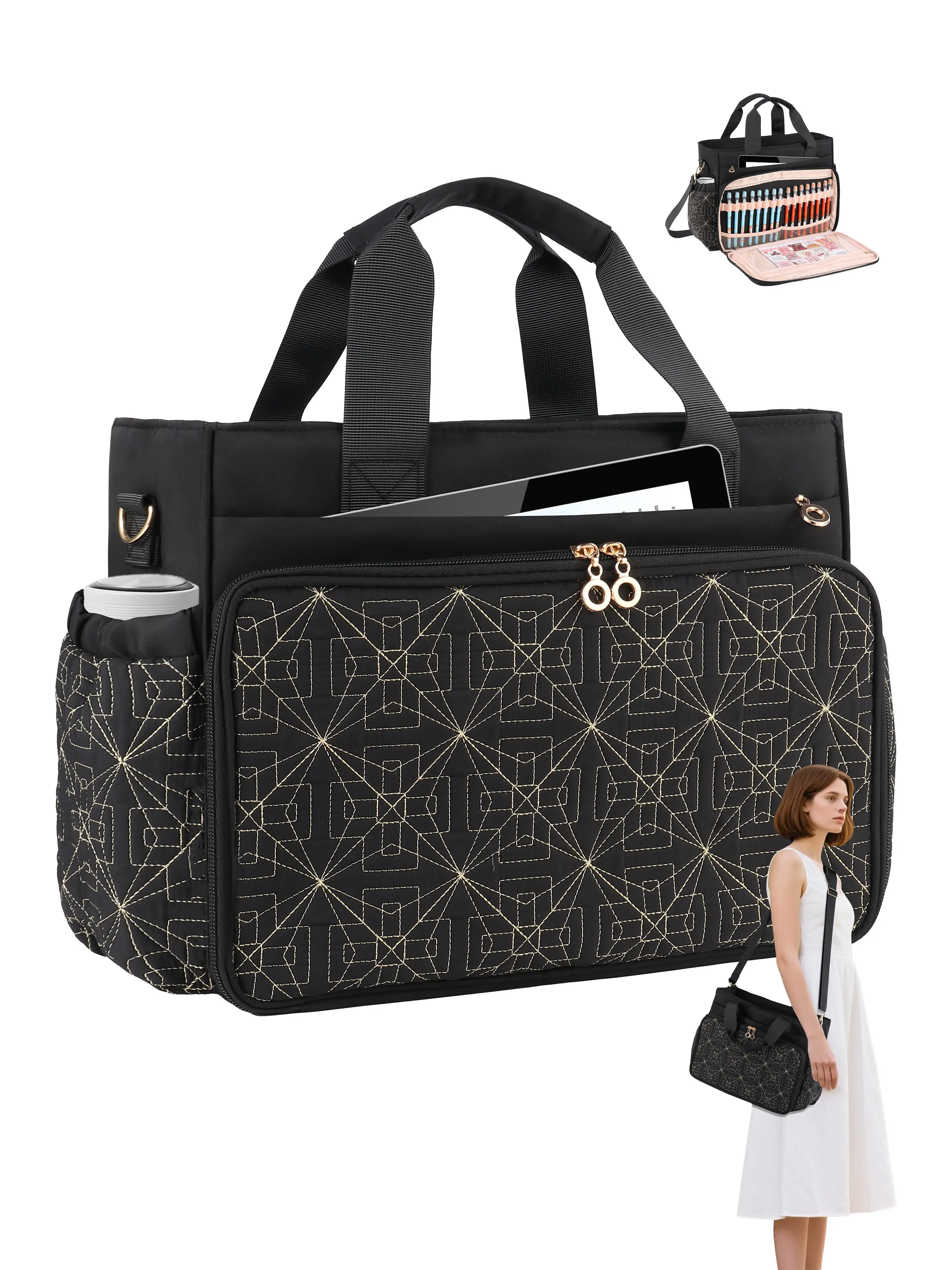 Women's Bible Tote Bag with Pencil Case, Multi-Pocket Christian Shoulder Handbag, Large Capacity Lightweight Foldable Crossbody Bag for 14-Inch Laptops and Bible Accessories