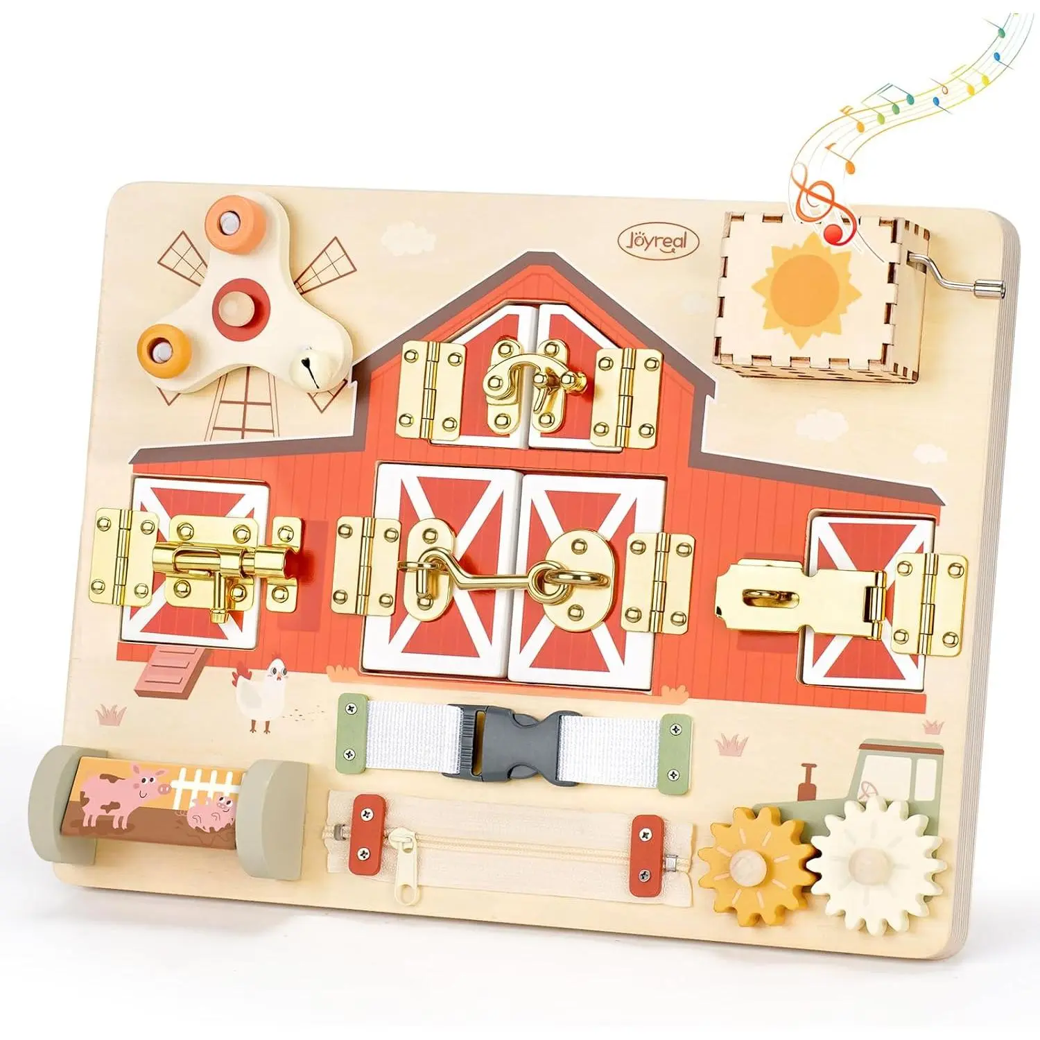 Wooden Montessori Busy Board for 1 2 3 Year Old Toddlers, Farm Themed Sensory Toys for Kids, Fine Motor Skills Activity Board with Music Box & Latches, Learning Toys Gift for Autistic Childrenfidget toys