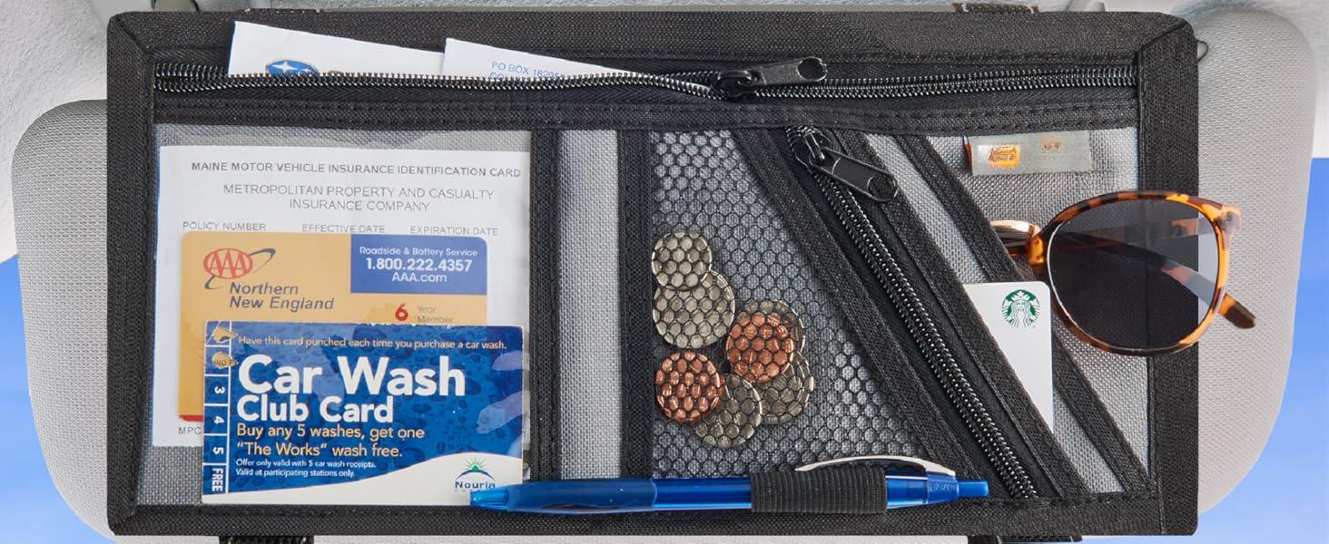 Car Visor Organizer with Secure Zip Pockets, Sunglasses Holder and Clear Registration and Insurance Pocket - Heavy Duty Straps Fit Most Car, SUV and Truck