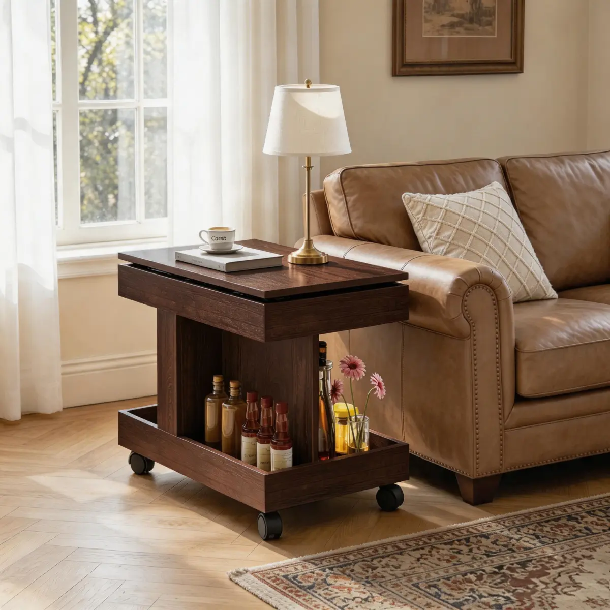 360 °   Rotating Small Coffee Table with Wheels Rolling End Table with Storage Compartment Mobile Beside Table for Living Room Bedroom Natural Home Furniture