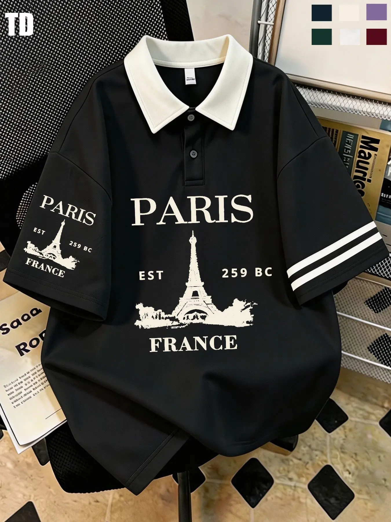Td Vintage Paris Eiffel Tower Striped Polo Shirts, Unisex Retro City Landmark Graphic Tee, Fitted Patchwork Design, Casual Streetwear for Men & Women