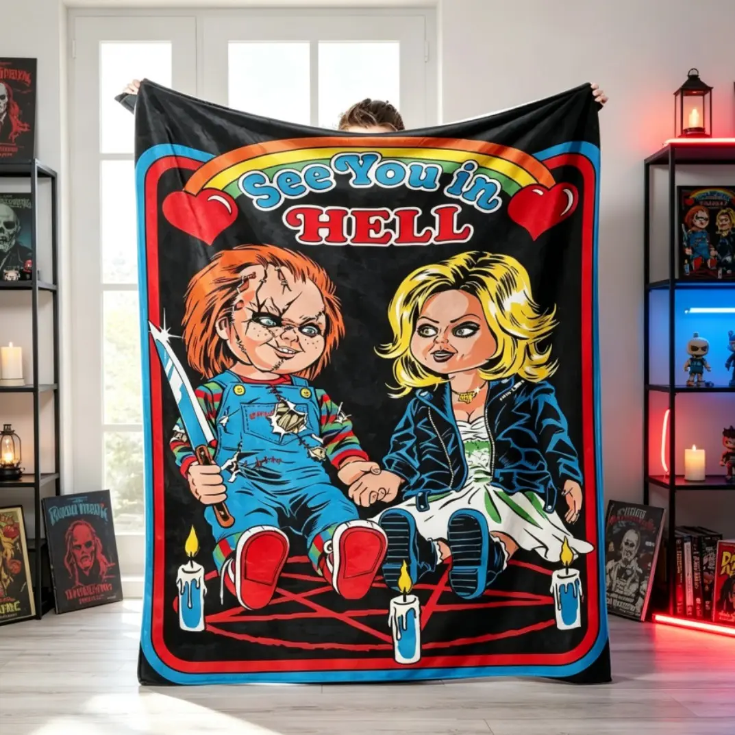 Chucky & Tiffany See You in Hell Retro Horror Flannel Blanket, Bride of Chucky Themed Ultra Soft Cozy Plush Warm Throw Blanket, Horror Movie Graphic Fleece Blanket for Adults & Kids, Stylish Home Decoration Gift for Halloween Birthday All Holidays Fans