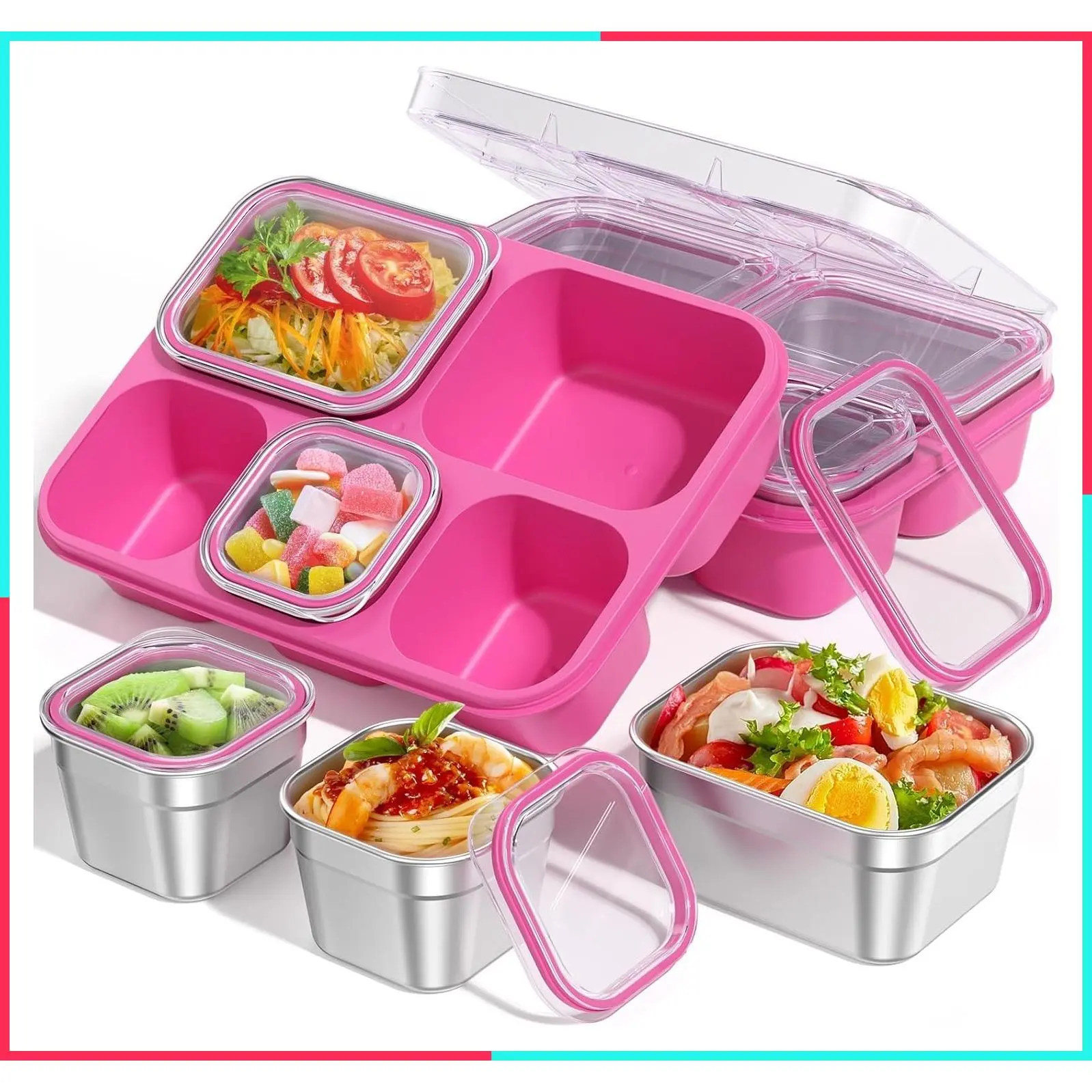 Stainless Steel 5-Compartment Divided Serving Tray with Lid, Removable Leakproof Portable Snackle Bento Box for Fruit Candy Nuts - School, Picnic and Travel (Pink)
