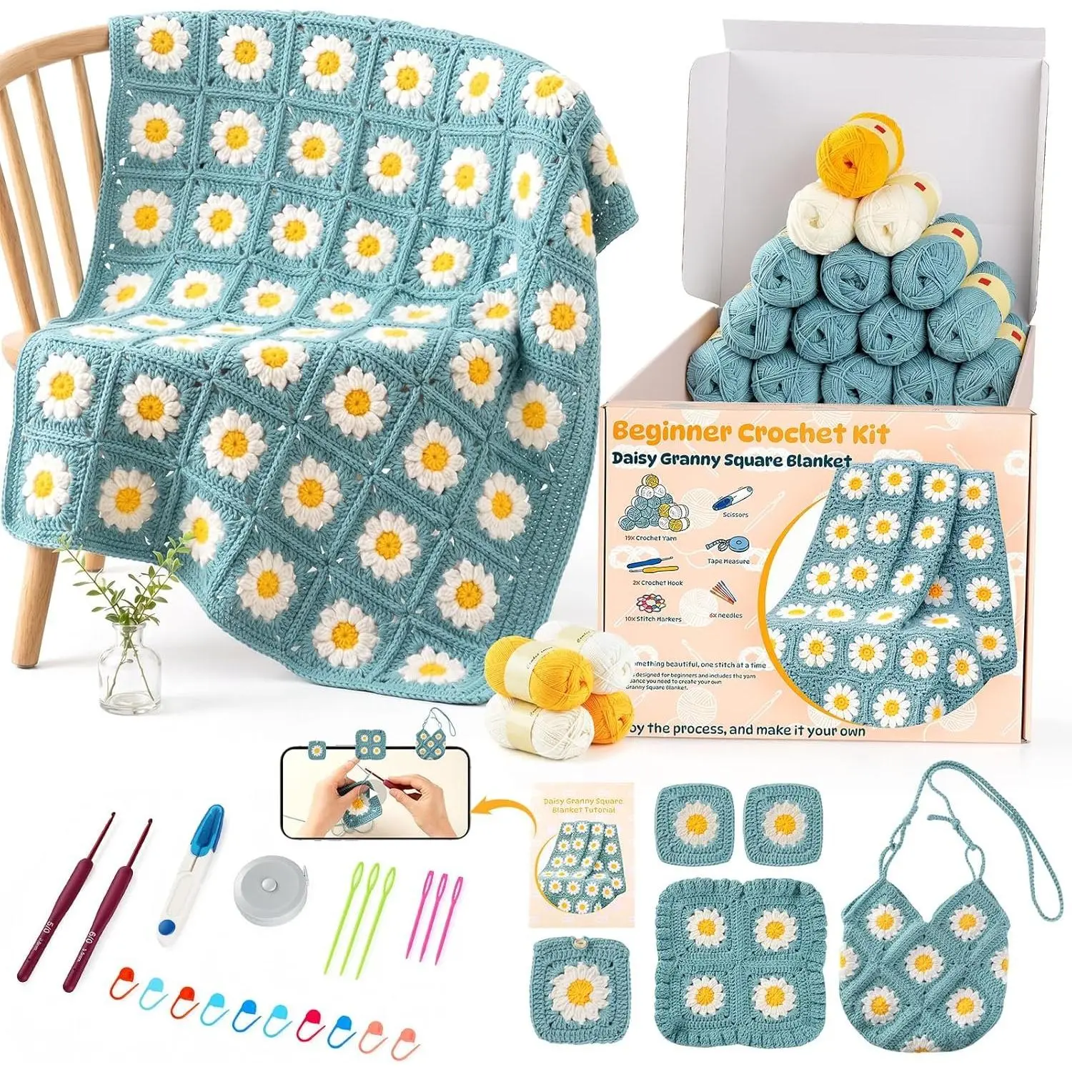 Crochet Kit for Beginners, Daisy Granny Square Blanket Crochet Starter Kit with Yarn, Hooks, Step-by-Step Book & Video Tutorials, Easy Learn-to-Crochet  Set for Adults and Beginners
