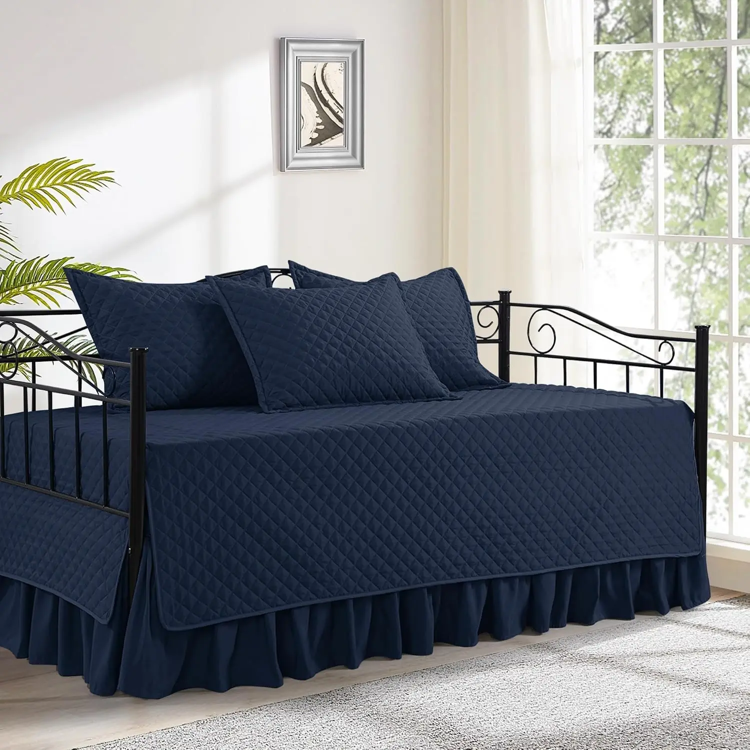 Daybed Cover Sets - Diamond Stitching Daybed Bedding Set, All Season Cozy Bedding with Bedskirt & Shams, Microfiber Filling, 5 Pieces, Navy Blue
