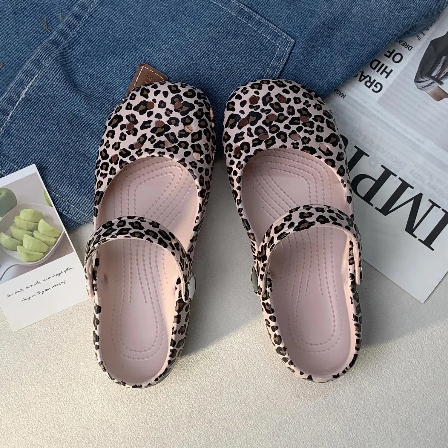 Pink Leopard Print Women Ballet Clogs Cute Sweet Non Slip Summer Parent Child Slippers Outdoor Hollow Beach Shoes