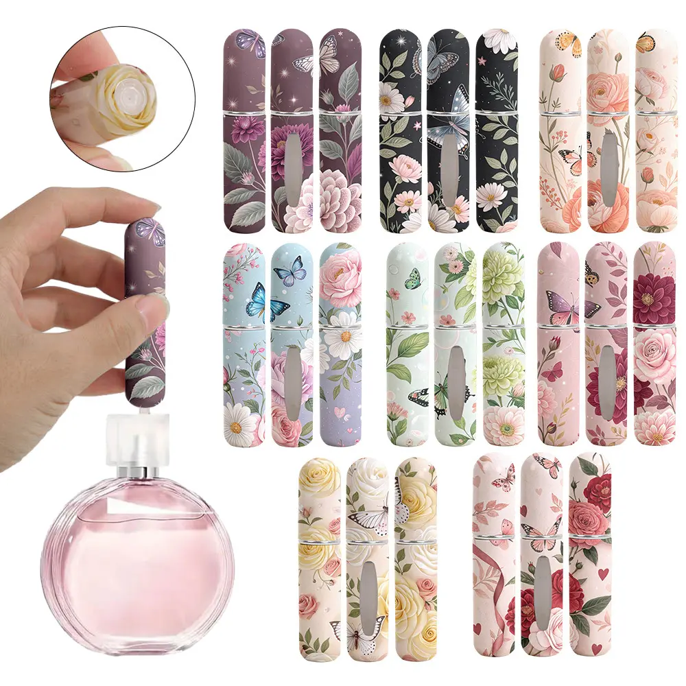 Vintage Flower & Butterfly Print Refillable Mini Perfume Atomizer Keychain - Portable Mini Travel Products Empty Spray Bottle for Cosmetic Liquid, Fashion Accessory (Set 1, Multiple Patterns Available)