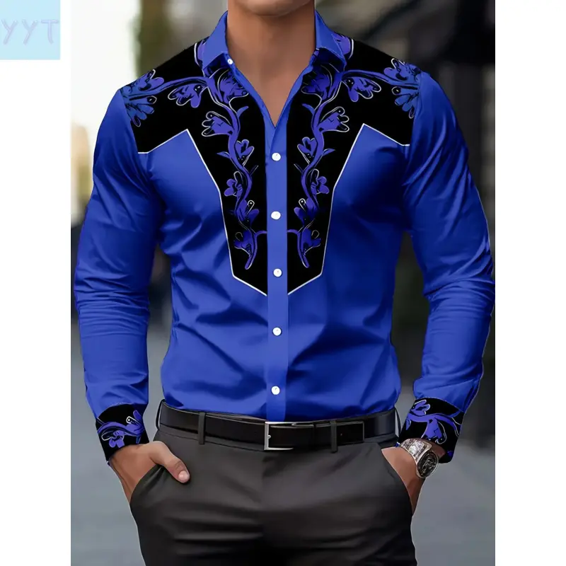 YYT1 Menswear Longsleeves Fitted Collared Button-Down Shirt - All-Over Floral Print, Full Placket Design, Suitable for Casual & Casual Business, Perfect for Fall