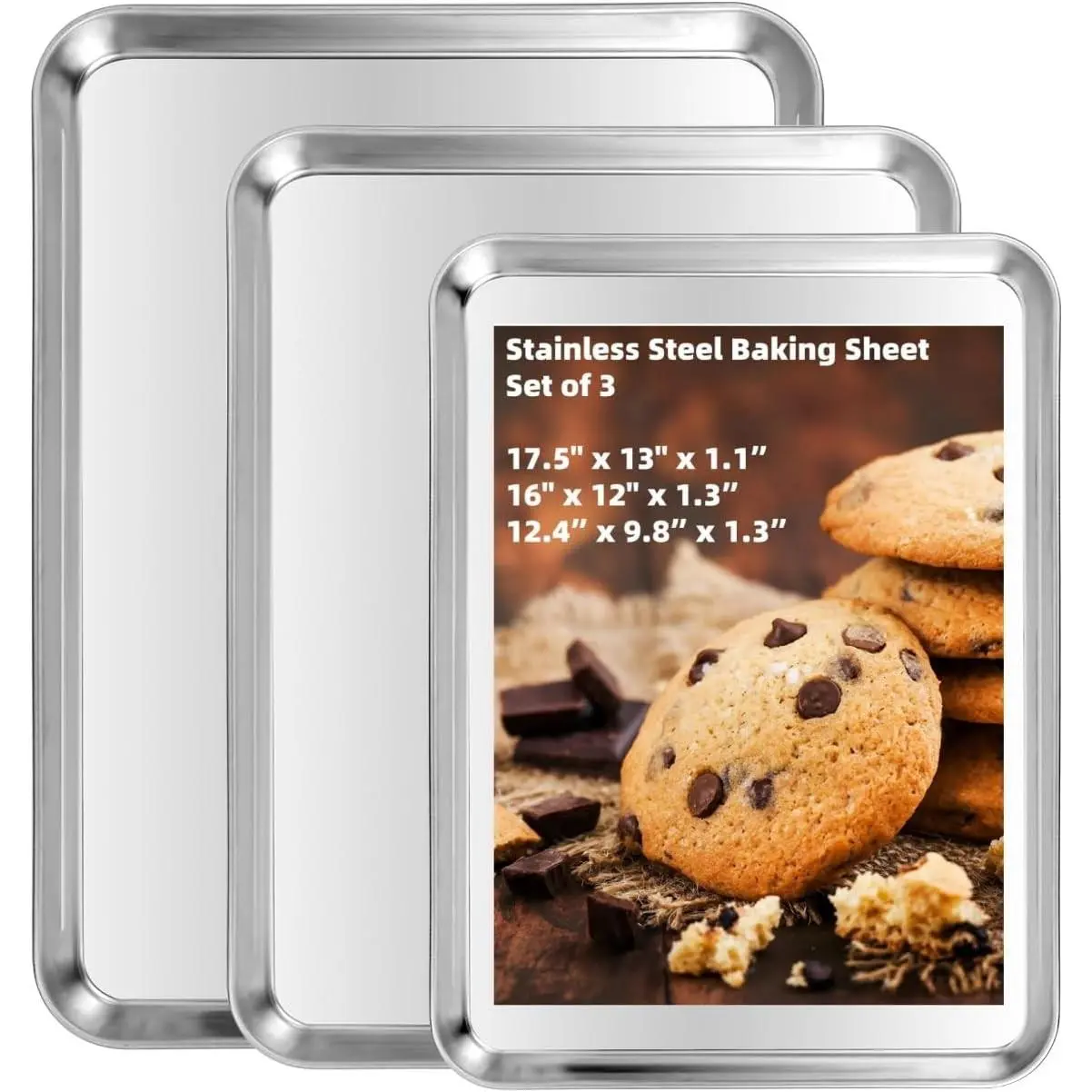 Heavy-Duty Stainless-Steel Bakeware Set - 3 Multi-Size Oven-Safe Cooking Trays (12/16/17.5 in) for Cookie Baking, Cooking Tray