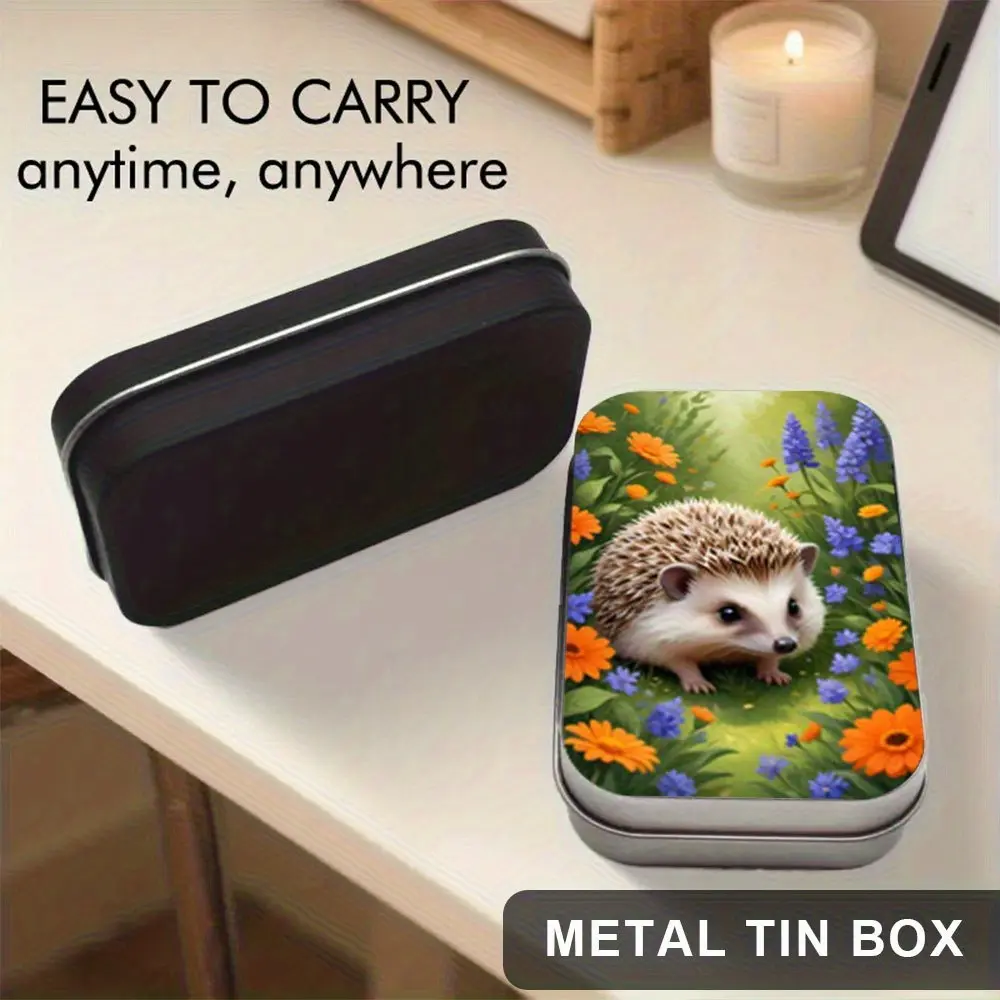 1 cute hedgehog and floral patterned metal iron box, rectangular durable iron storage box with smooth corners, suitable for decorative commemorative boxes for birthday party gifts, weddings, Christmas, Valentine's Day gifts, and jewelry boxes