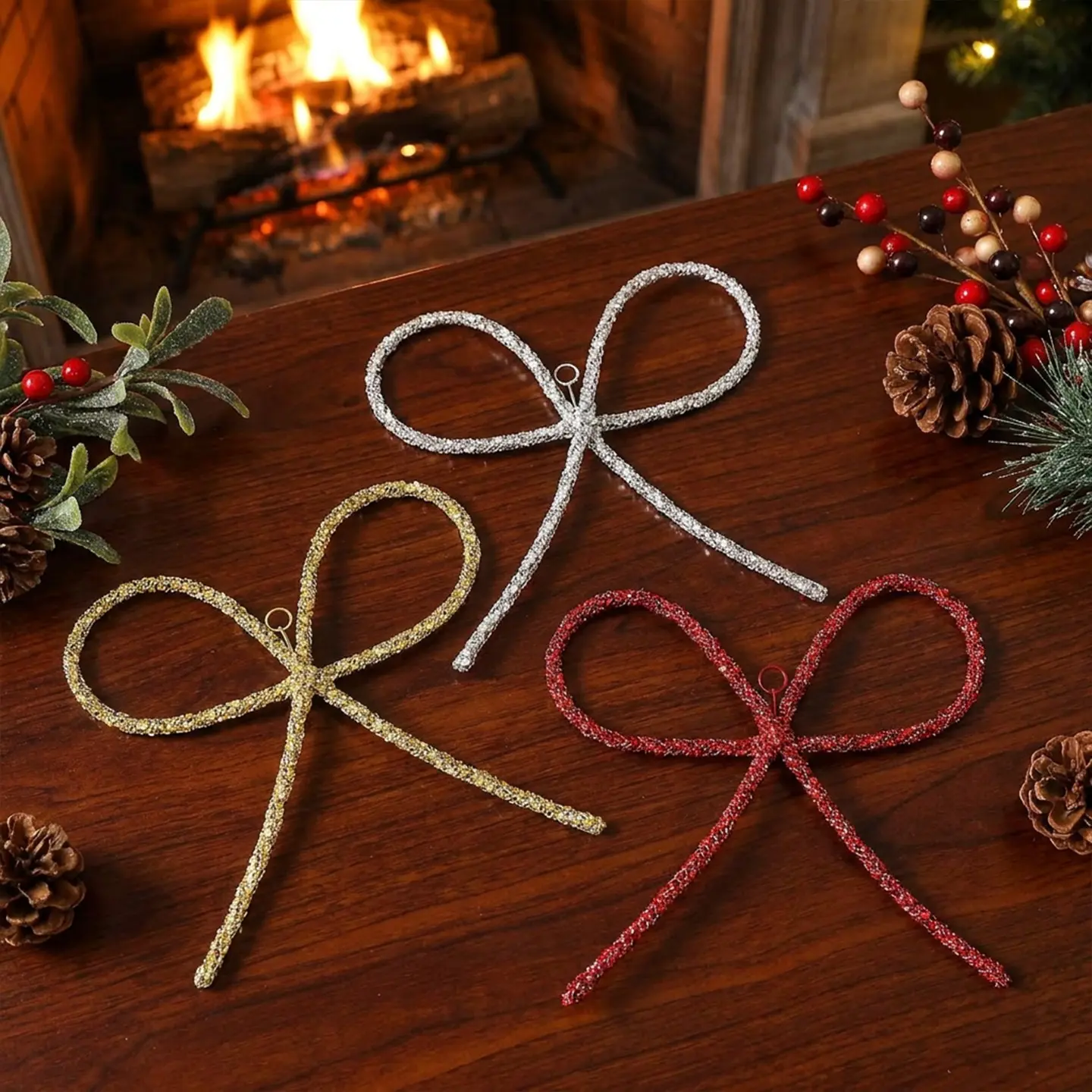 3pcs Christmas Glitter Wire Bow Ornaments, Gold Silver Hollow Bows, Tree Decorations, Perfect Gift for Friends