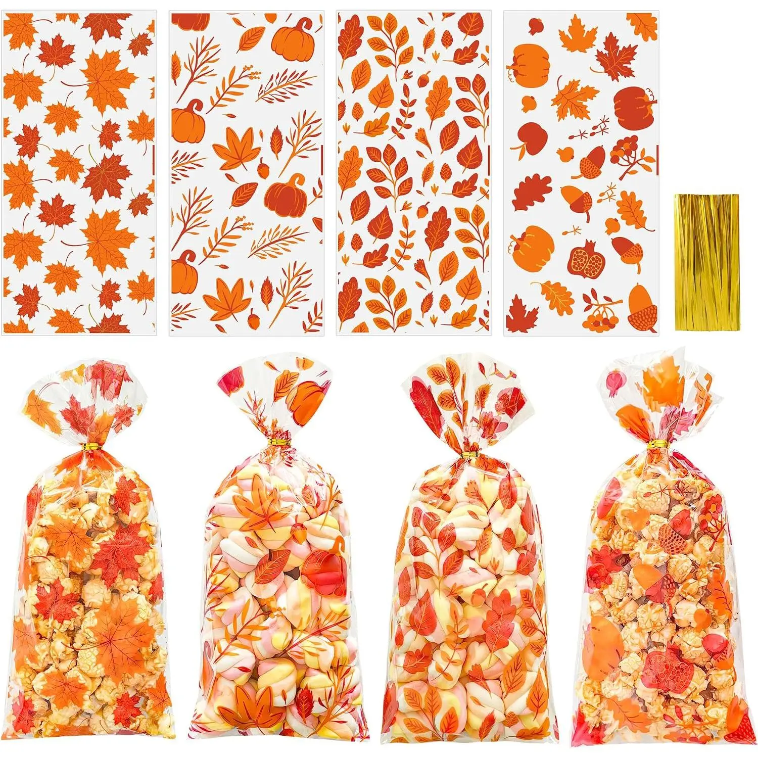 Fall Thanksgiving Cellophane  Bags - 50 count Plastic Fall Autumn Maple Leaf Pumpkin Candy Bags with Twist Ties for Thanksgiving Party Favor and Holiday Goodies  Wrapping, 5.1x10.6 Inch, 4 Style