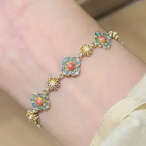 Loveden Vintage Burnt Blue Floral Copper Bracelet with Pearl Flower Accents, Ethnic Style Women's Gift Bangle