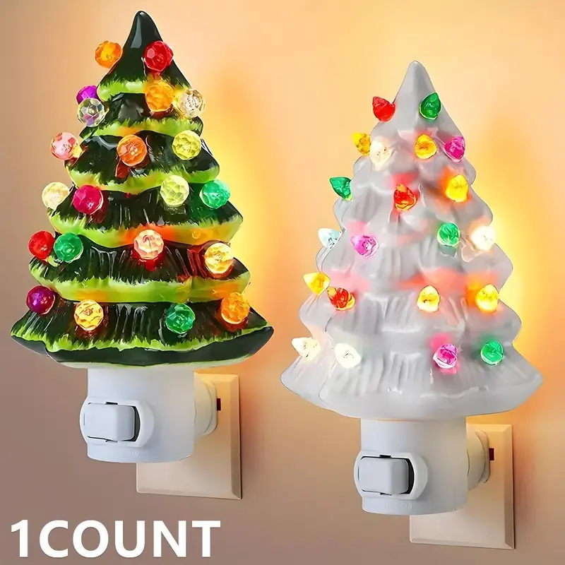 Christmas Tree Night Light, Ceramic Decoration Lamp with Colorful Bulbs, 360 Degree Rotating Plug, Switch Included, Home Bathroom Bedroom Decor, Indoor Decorative Light, Home Lighting