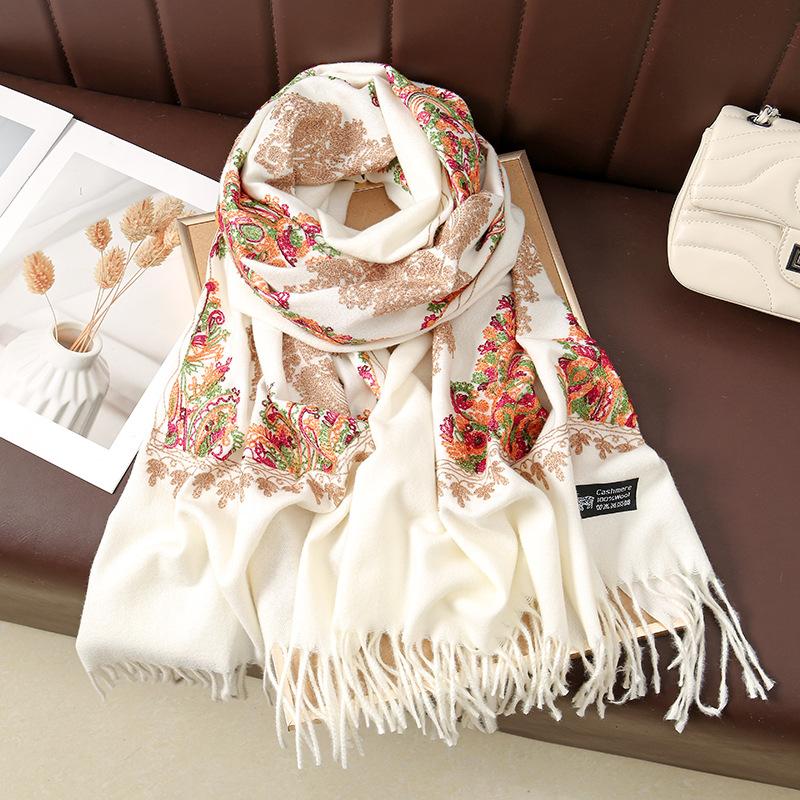 Boho Style Floral & Paisley Embroidery Tassel Decor Shawl, Paisley Print Scarf, Trendy Casual Soft Warm Double Sided Scarf for Fall & Winter, Fashion Accessories for Women & Men
