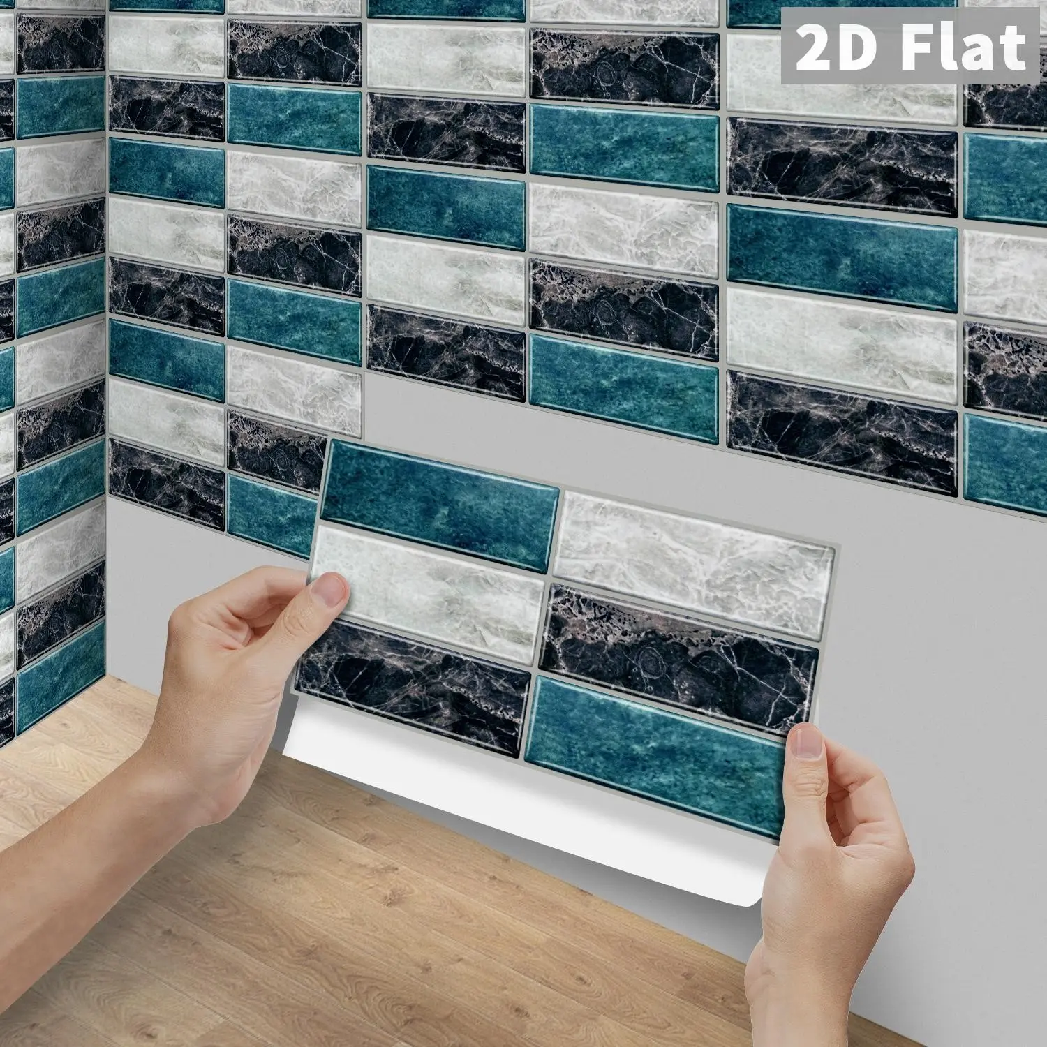 6/12/24/48PCS Vintage Peel and Stick Tiles, FG PVC Crystal 3-Tone Teal White Black Marble Long Subway Splashback, Waterproof Oilproof Self-Adhesive Wall Decals for Kitchen, Bathroom, Floor, Tile & Wood DIY Home Decor
