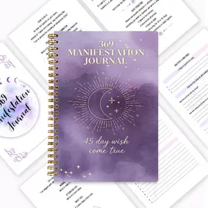 369 Manifestation Diary, a female-exclusive spiritual growth manual, 45-day plan for wish fulfillment, the Law of Attraction based on cosmic energy, starry purple dream cover design, daily affirmations training 3/6/9 times, clearly structured manifestatio