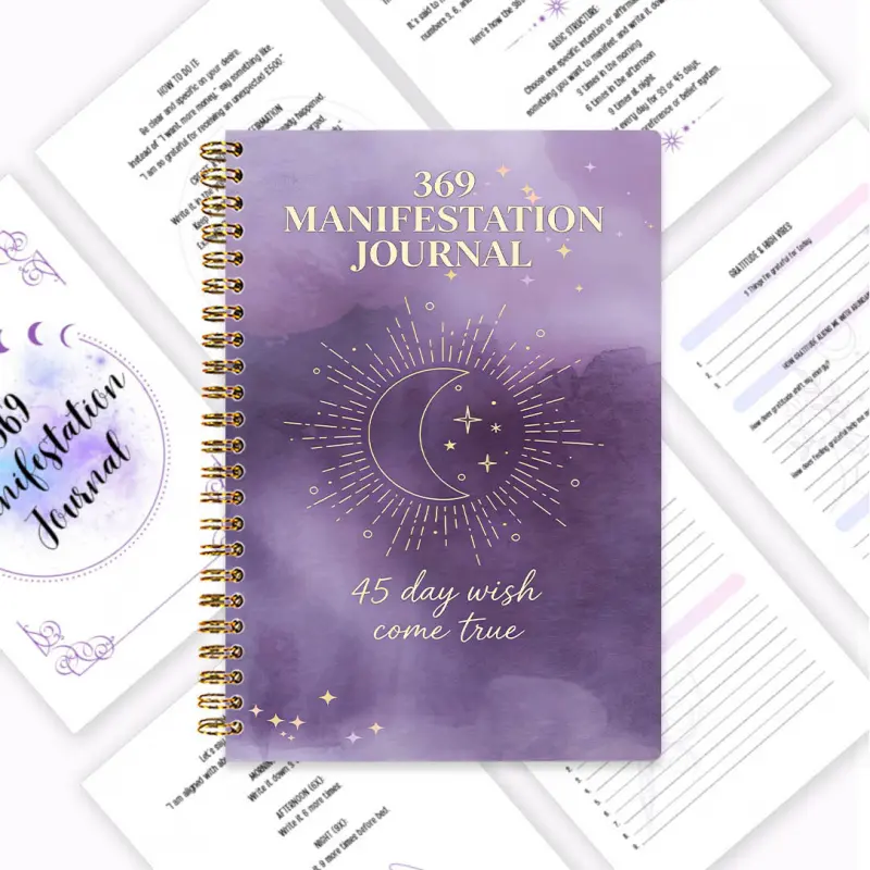 369 Manifestation Diary, a female-exclusive spiritual growth manual, 45-day plan for wish fulfillment, the Law of Attraction based on cosmic energy, starry purple dream cover design, daily affirmations training 3/6/9 times, clearly structured manifestatio