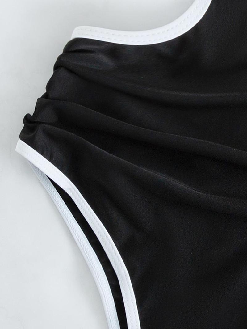 Women's Summer Beach Cut Out Back Bathing Suit Contrast Binding Scoop Neck Ruched Monokini One Piece Swimsuit, Sleeveless Swimsuit