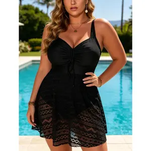 2026 Trendy Curvy Women's Solid Black Lace Overlay Swimdress, Adjustable Drawstring Front V Neck A-Line Skirted Swimsuit, Modest Elegant Swimwear for Summer Holiday,One Piece Bathing Suit for Beach Pool Vacation
