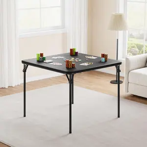 Folding Table, 33.6-inch Portable Square Folding Card Table, Black Metal Folding Table with PU Soft Cushion, Suitable for Living Room, Office, Camping