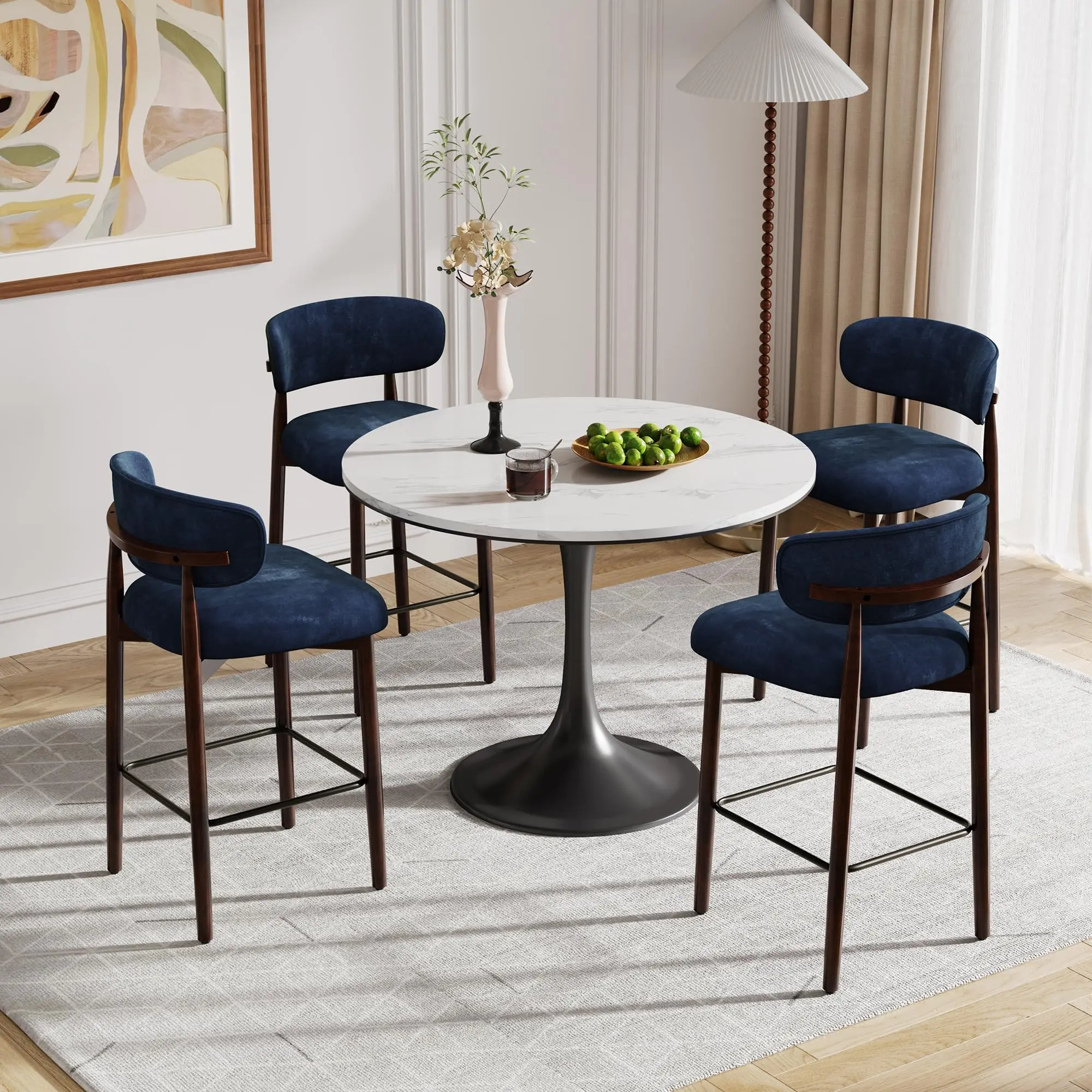 💙 26" Wood & Linen Bar Stools Set of 4 – Solid Wood Frame, Curved Back & 4-Sided Footrest, Modern Kitchen Island Seating! ✨