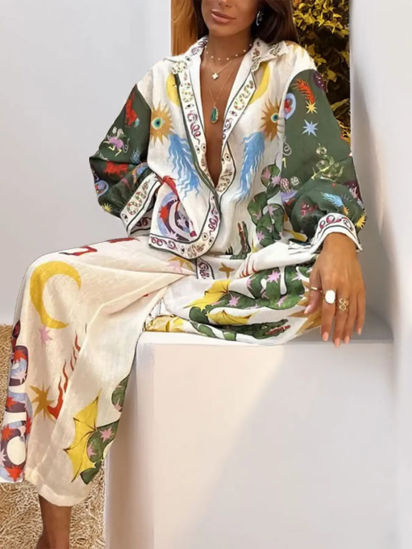 Fashion Boho Bohemian All-Over Print Long Sleeve Shirt Set, Loose-Fitting Casual Vacation, Unisex Plain Surface Design
