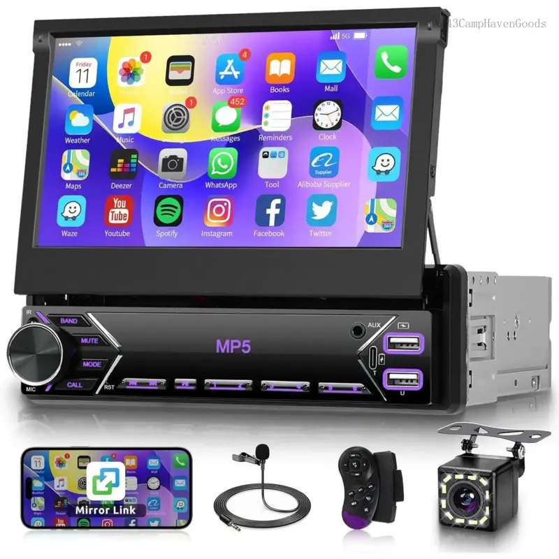 Flip Out Car Stereo Bluetooth 7 Inch Retractable Touch Screen Car Radio 1 Din Mirror Car Audio Receiver Multimedia Player with Backup CameraAA43CampHavenGoods