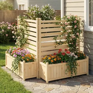 Garvee 2-Panel Outdoor Privacy Screen with Planter Box, 33"X40" Wooden Fence Cover for Patio & Garden, Ideal for Concealing AC Units, Pool Pumps, and Equipment, Natural Decorative Backyard Divider