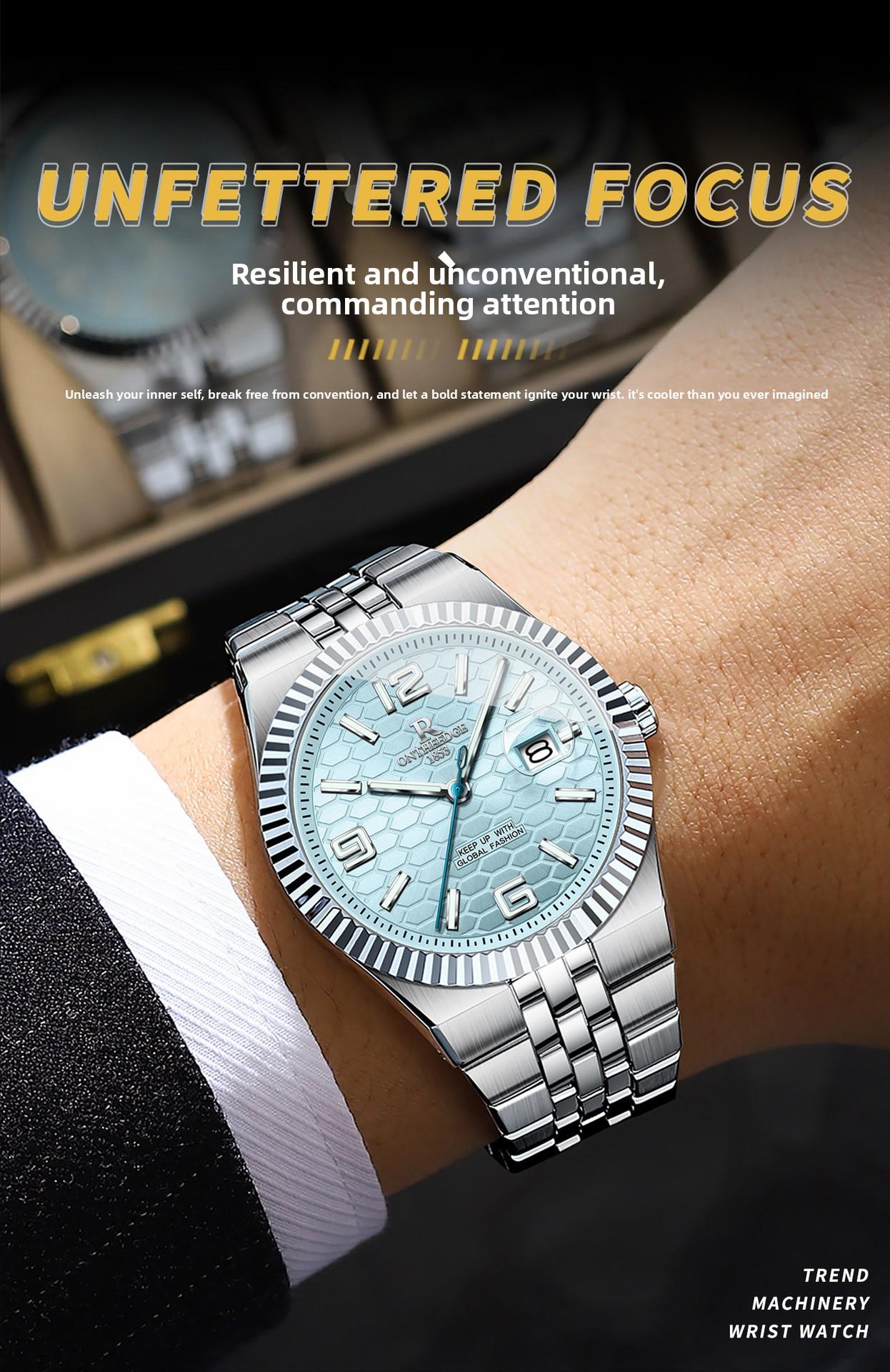 Men's Luxury Silver Stainless Steel Quartz Watch - Ice Blue Textured Dial with Fluted Bezel, Date Display, Luminous Hands, Elegant Business Dress Wristwatch, Perfect Gift for Him