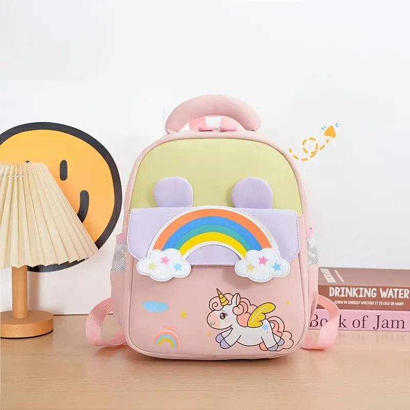 Made of nylon fabric, zipper design, multiple color options for children's backpacks, high aesthetic kindergarten backpacks, rainbow cartoon cute boys and girls' backpacks