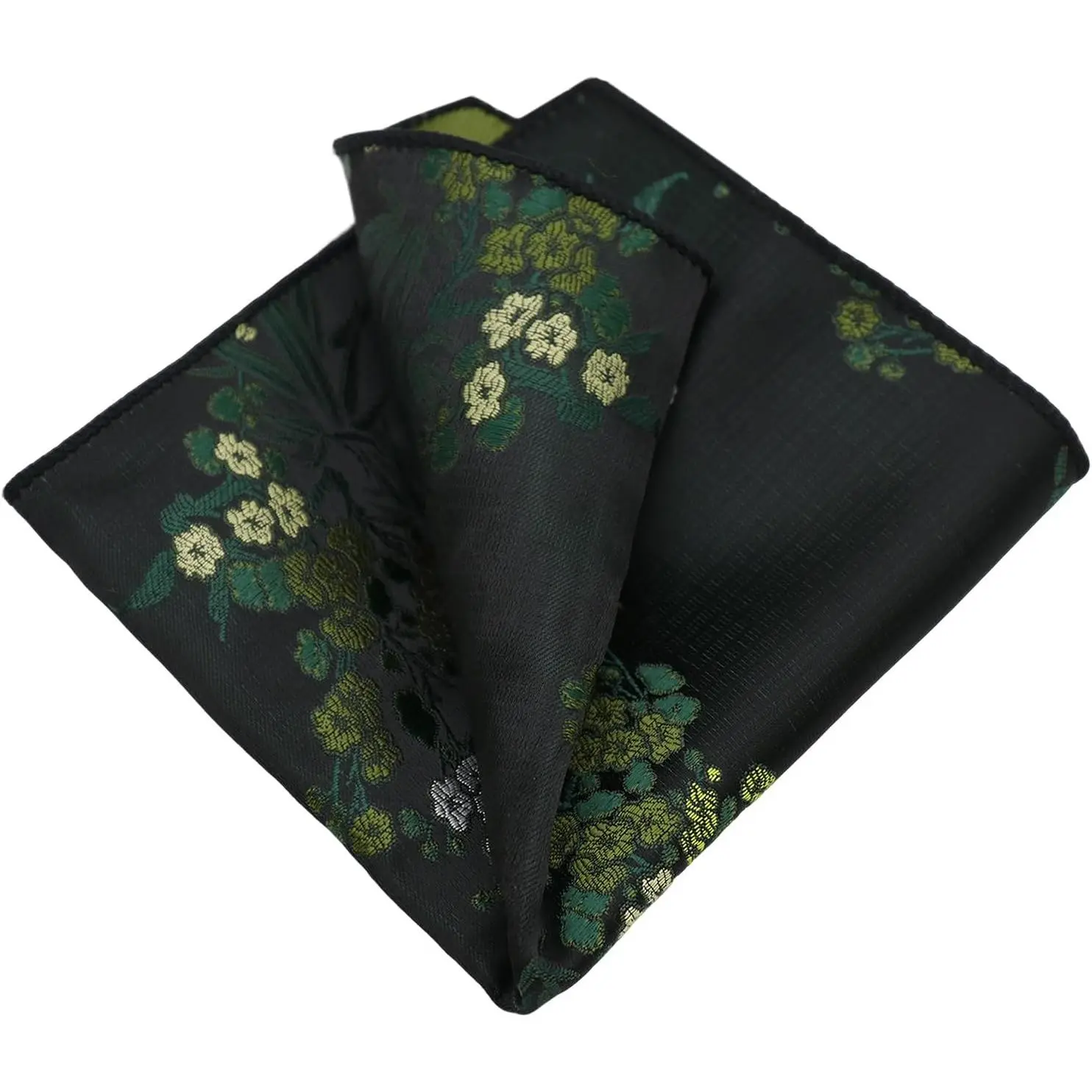 Men's Satin Cloth Pocket Square - Flower Print, Square Shape Handkerchief for Business Events, Vintage Style (Black Green), One-Piece