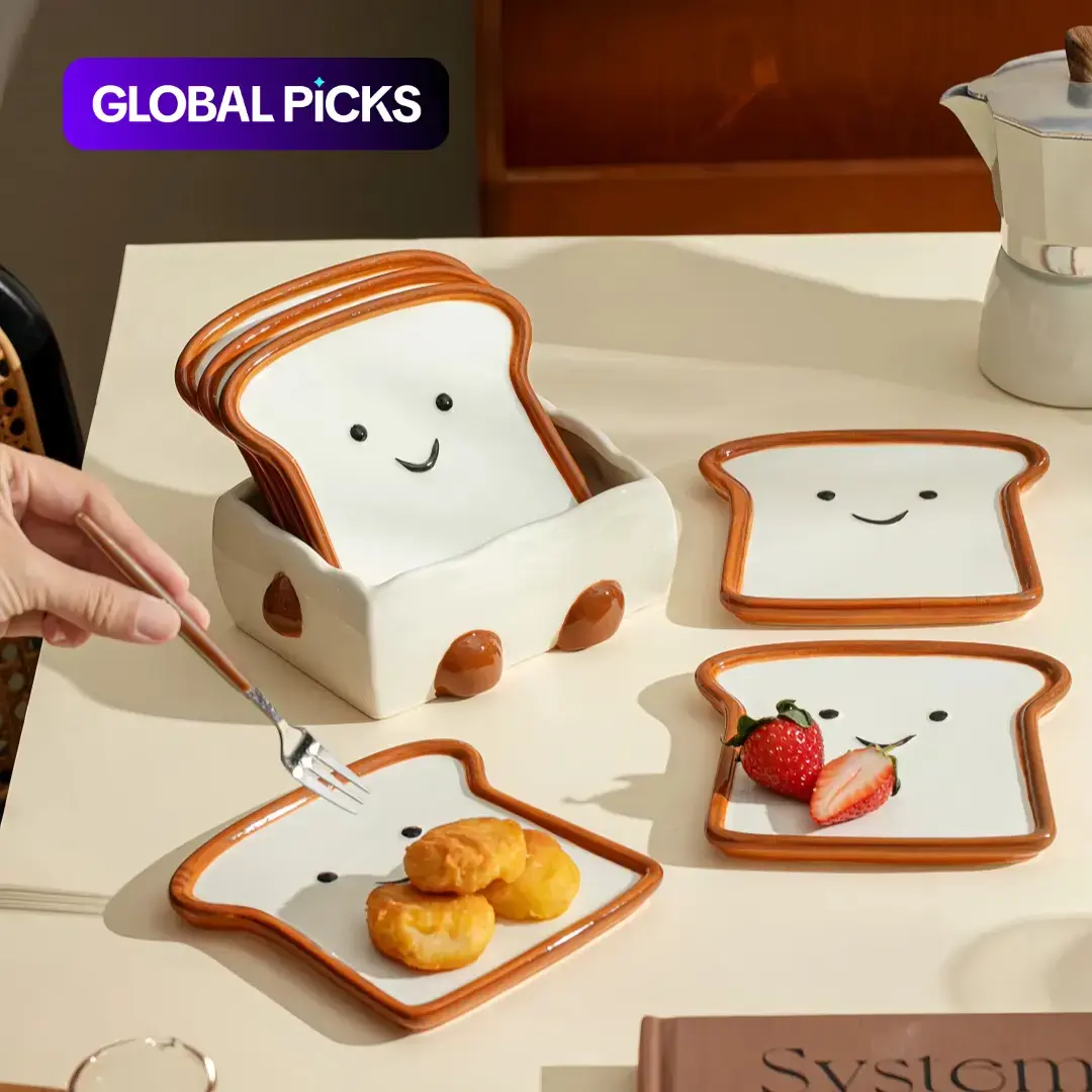 Set of 7 Smiling Ceramic Decorative Plates with Base, Cute Toast Face Dessert Plate, Kitchen Counter Dish, Spoon Rest, Jewelry Tray, Coffee Bar Decor, Dishwasher Safe Tableware