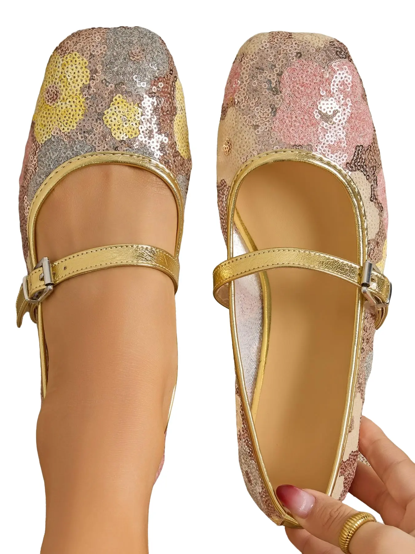 Women's Floral Sequin Mary Jane Shoes, Versatile Buckle Flat Sandals, Lightweight Ballet Style Ballerina Flat, Fashionable Square Toe, Textile Upper, Rubber Sole
