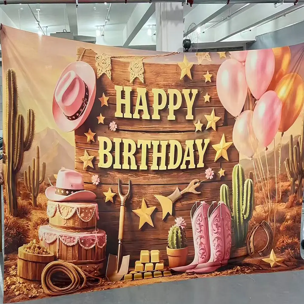 2D Flat Banner 1pc, Western Cowboy Birthday Background, Cactus Boot Design, Party Decorations, Indoor Outdoor Use, Polyester Material