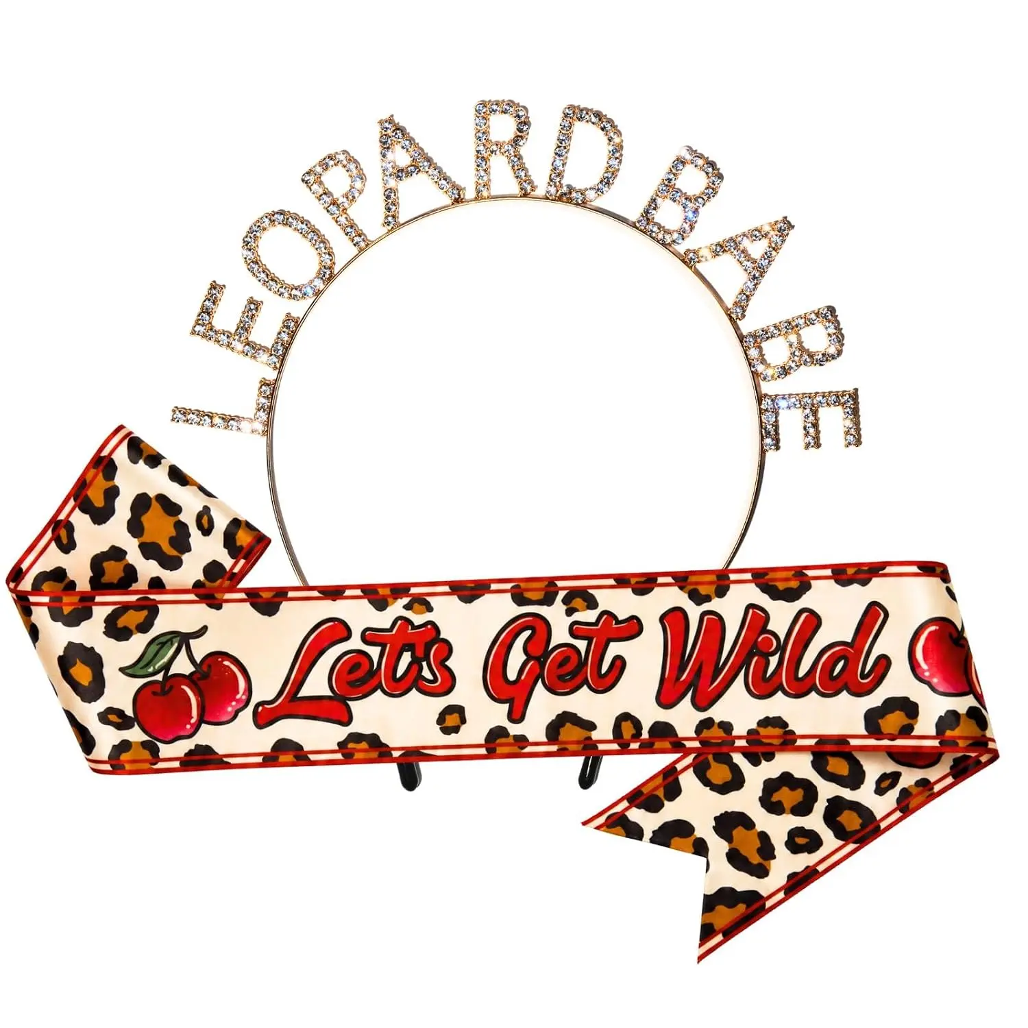 Cherry  Print Party Sash & Headband Set for Women, Let’s Get  Red & Leopard Design, Adjustable Headband,  for Birthday, Bachelorette & Girls Night Out Parties
