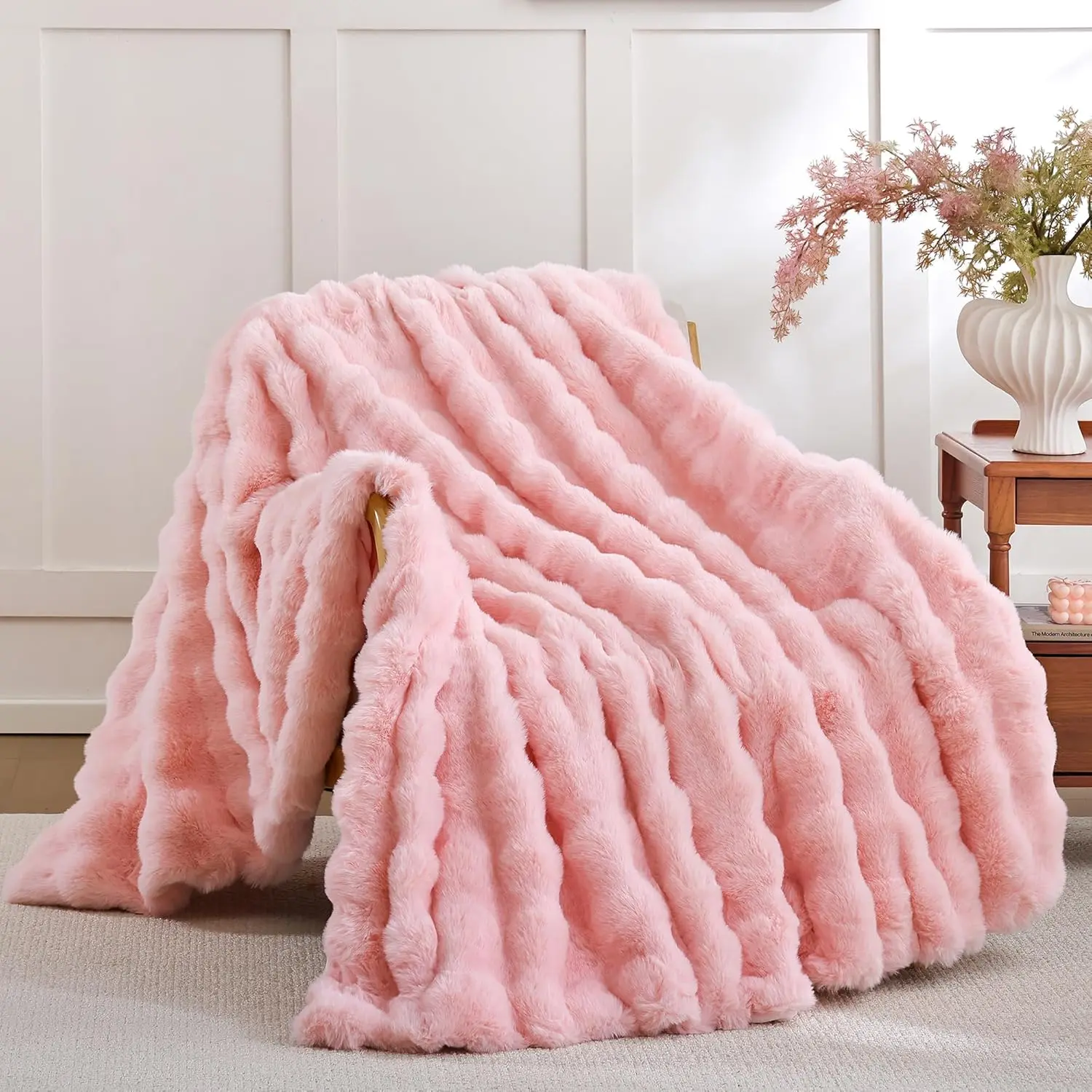 Blush Pink Faux Fur Throw Blanket 50"x60" Super Soft Cozy Bubble Plush Fluffy Warm Lightweight Blanket for Couch Sofa Bed Luxury Aesthetic Gift for Women