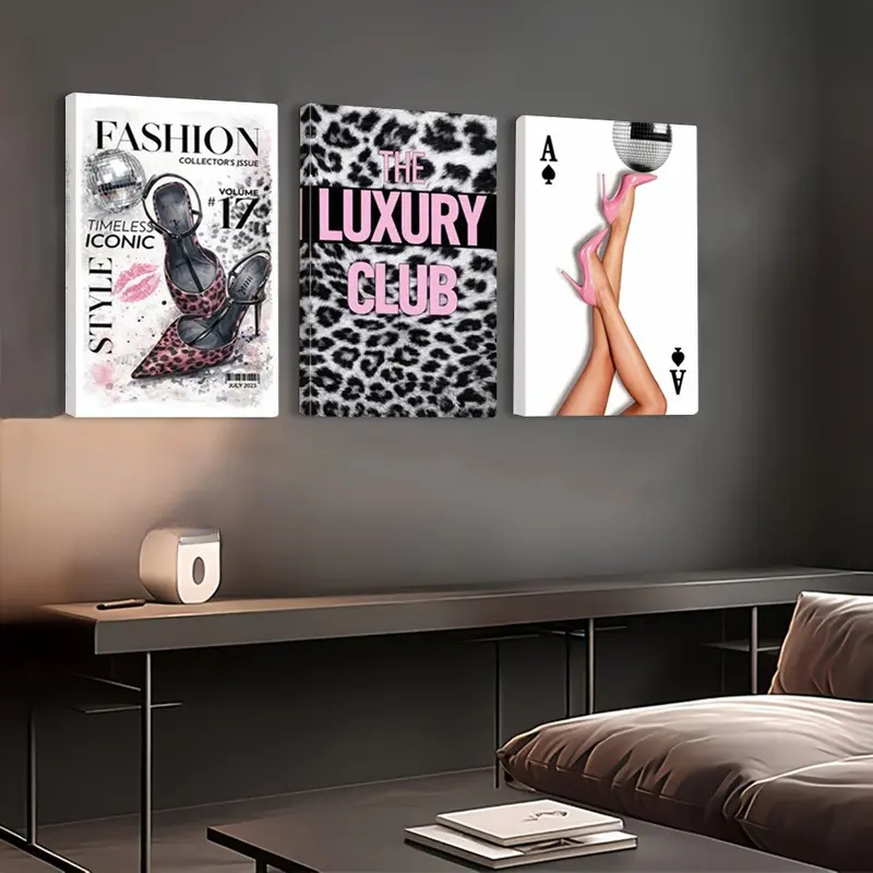 Pink Leopard High Heels Poker Framed Canvas Wrap Set - Luxury Fashion Hanging Painting, Bedroom Vanity Lounge Bar Home Decoration, Ideal Gift for Home Decor Enthusiasts, Wood