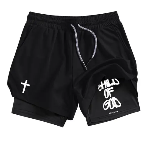 Men's Cross Print 2-in-1 Gym Performance Shorts, Summer Breathable Quick-Drying Sporty Running Shorts with Phone Pocket, Zipper Pocket & Towel Loop, Shorts with Pockets